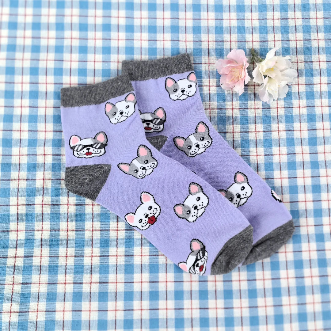 Cotton Blend French Bulldog Print Casual Low Tube Socks