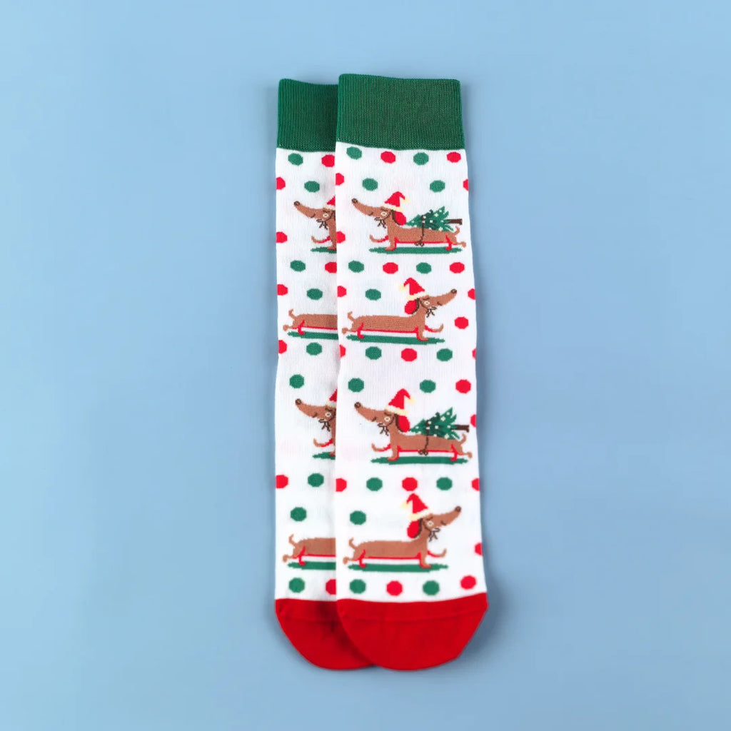 Cotton Blend Dachshund Christmas Pattern Mid Calf Socks