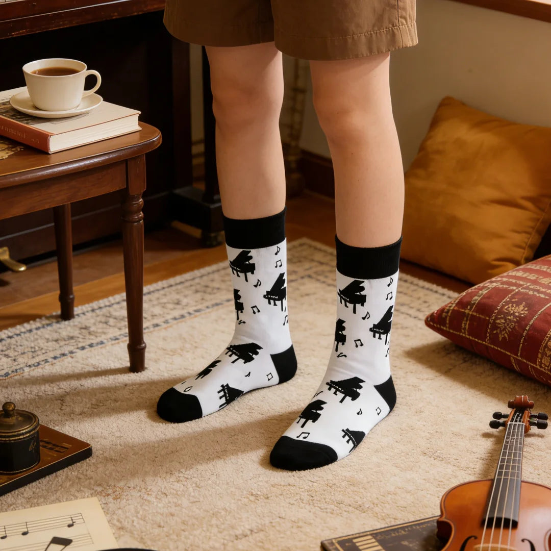 Cotton Blend Mid Calf Piano Pattern Unisex Socks
