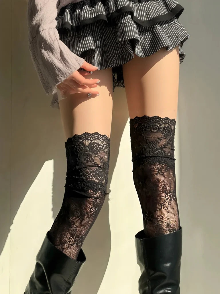 Polyester Hollowed Out Fishnet Tights Floral Stockings