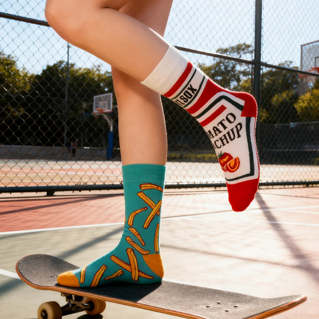 Cotton Blend Asymmetric Tomato and Fries Pattern Mid Calf Socks