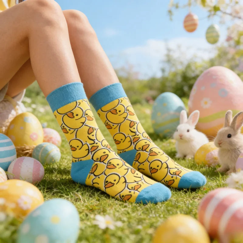 Yellow Duck Print Polyester Elastane Crew Socks