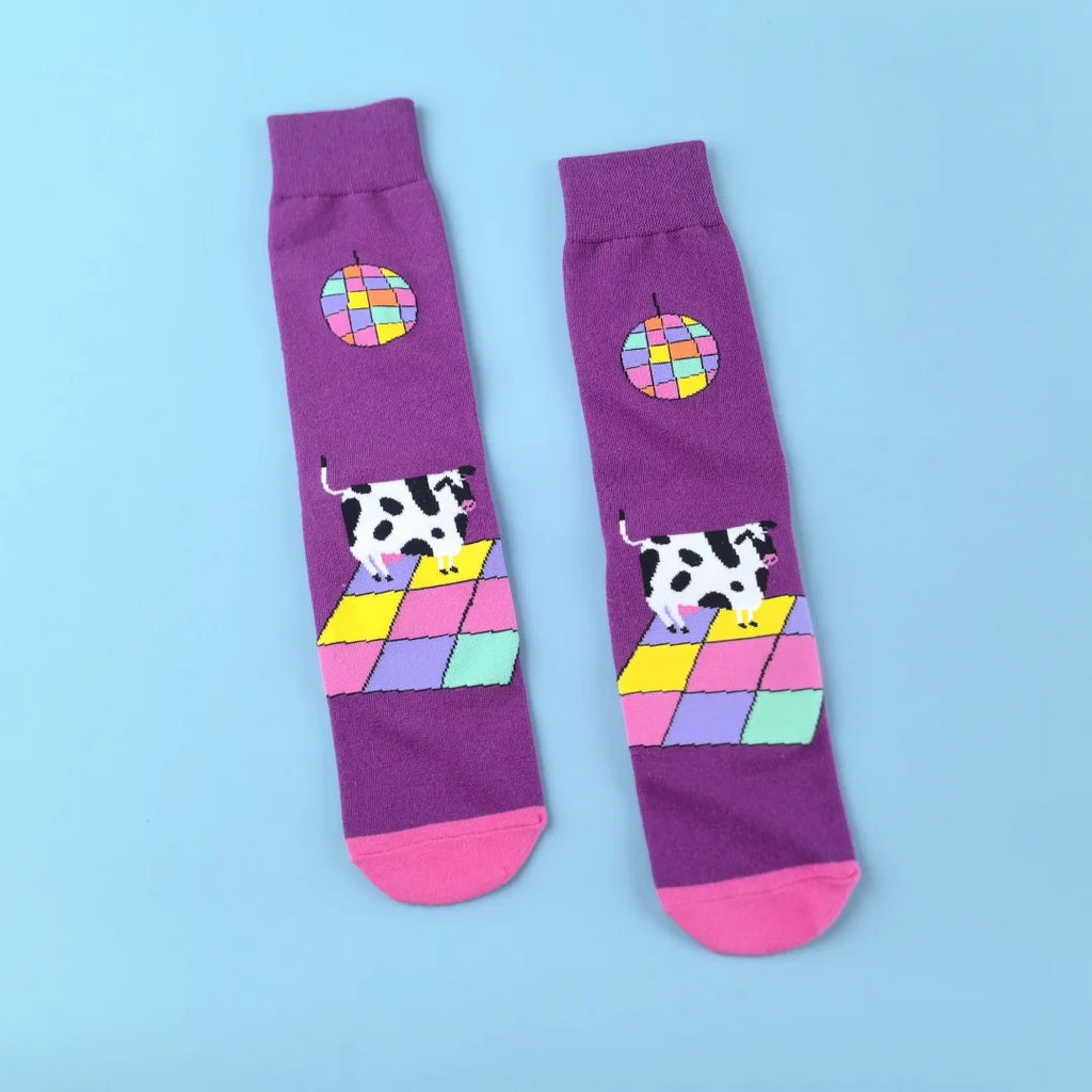 Cotton Blend Cow Pattern Mid Calf Socks