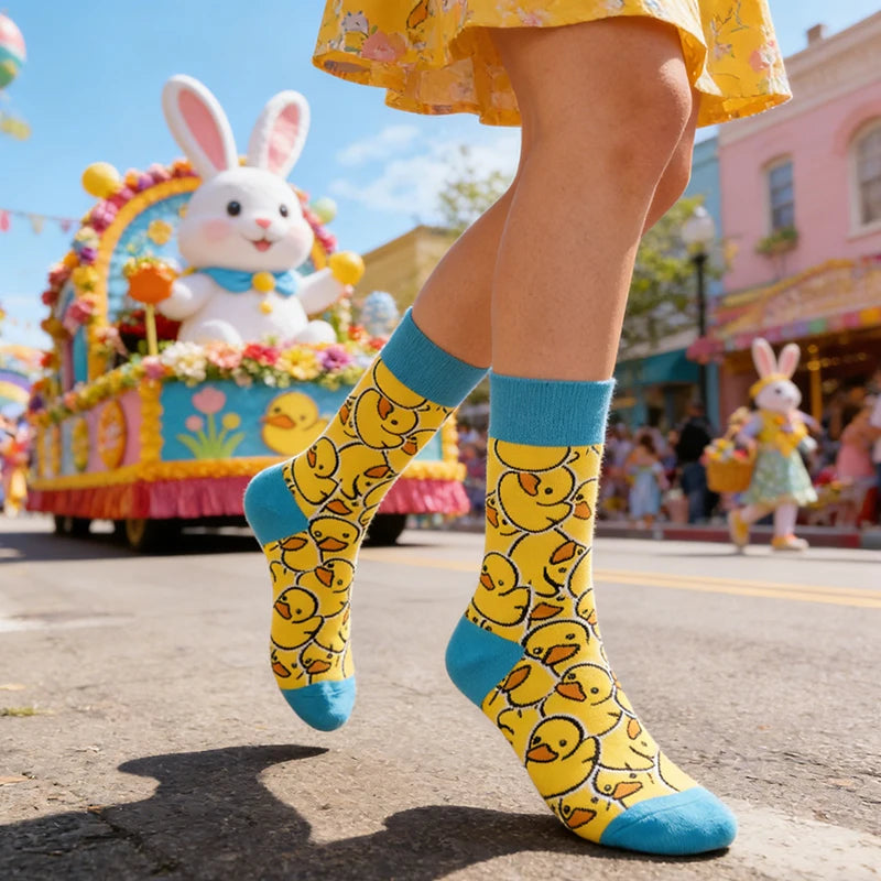 Yellow Duck Print Polyester Elastane Crew Socks