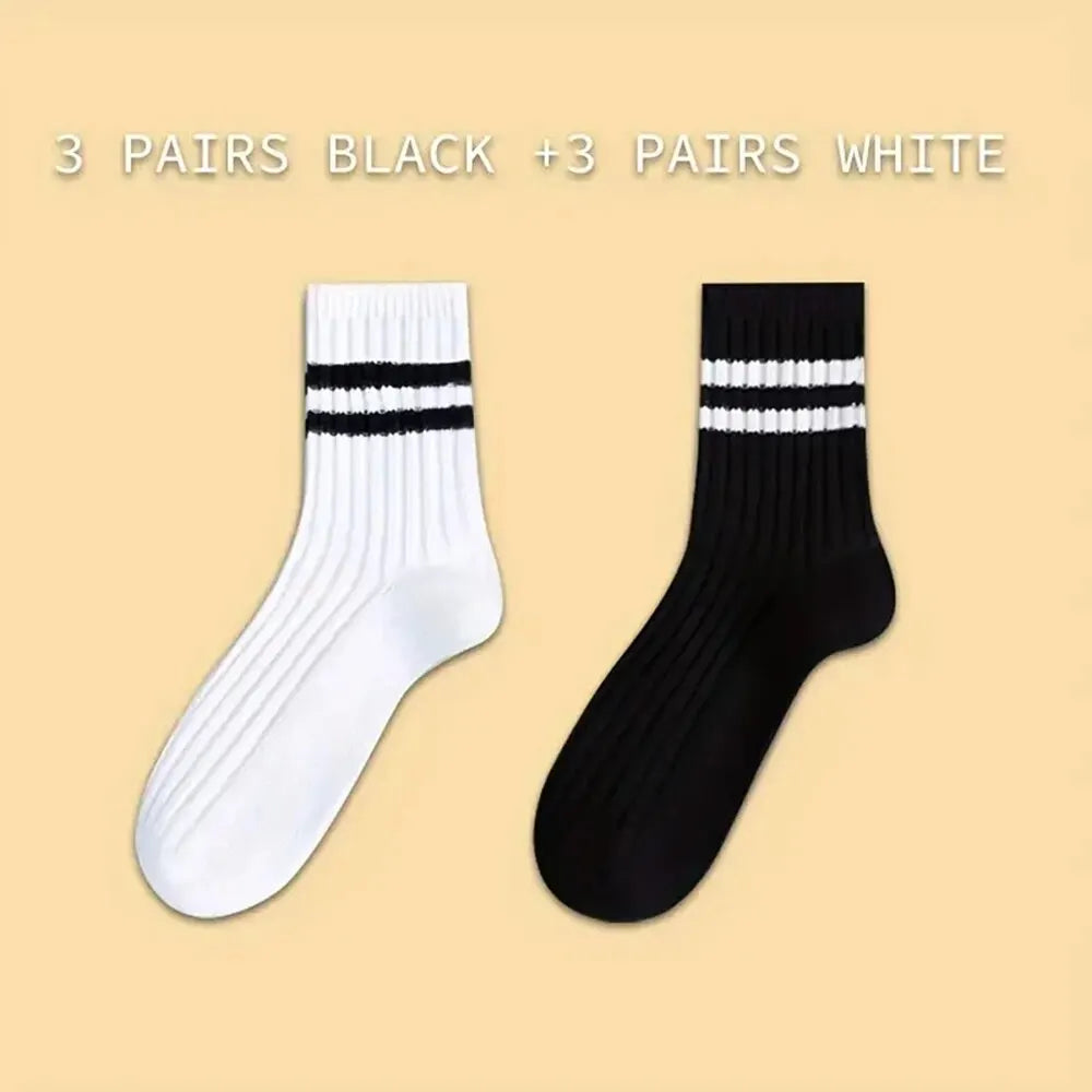Polyester Blend Striped Mid Tube Mens Casual Crew Socks