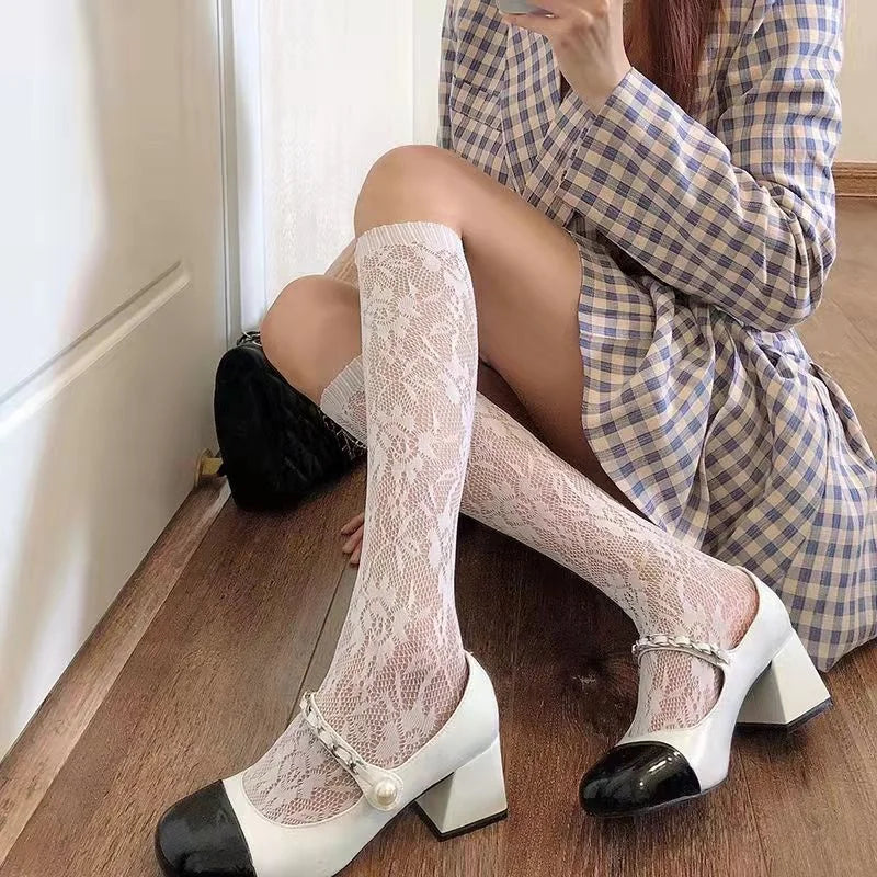 Women Nylon Floral Lace Mid Calf Socks