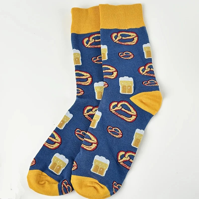 Cotton Blend Beer and Pretzel Print Crew Socks