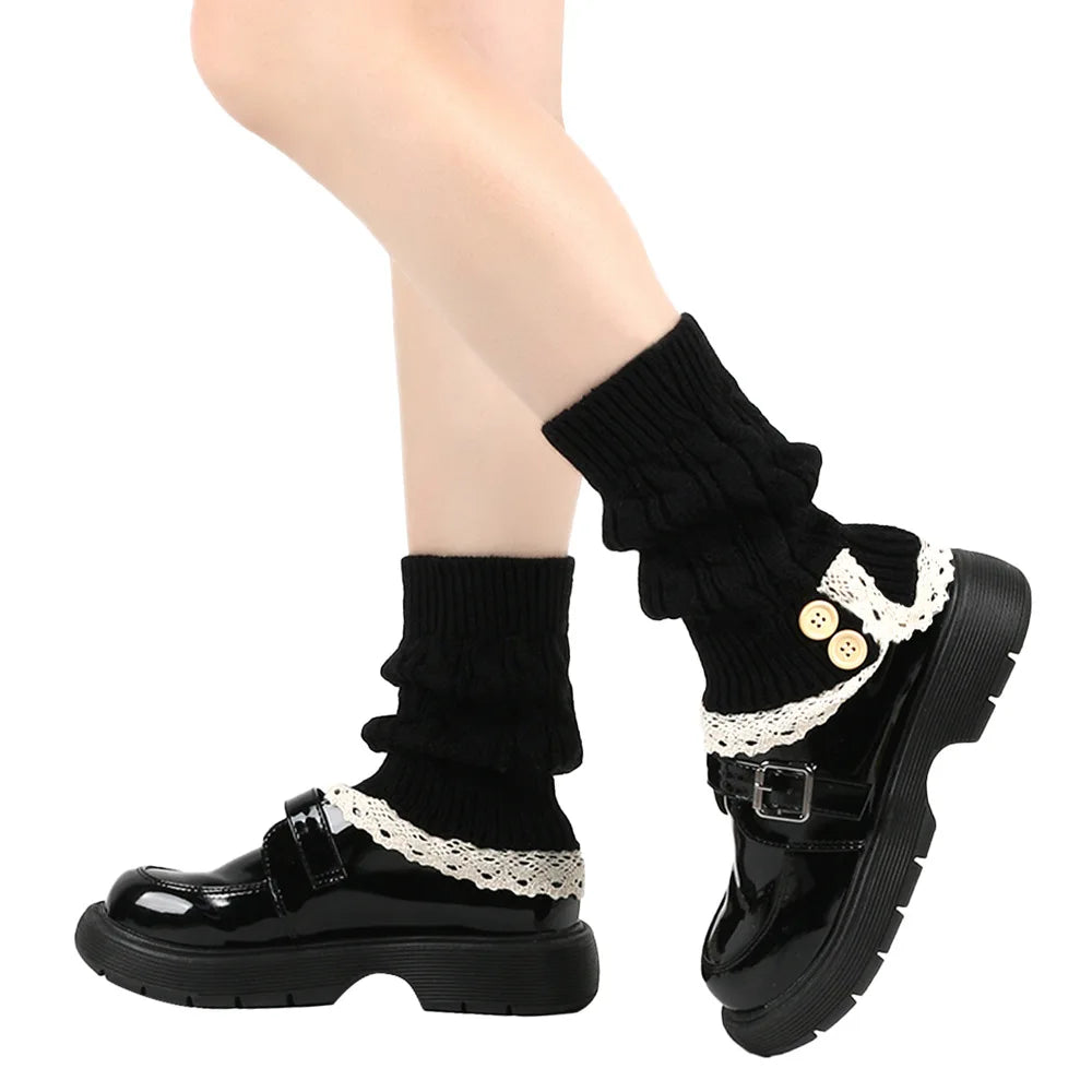 Polyester Elastane Knit Button Lace Leg Warmers