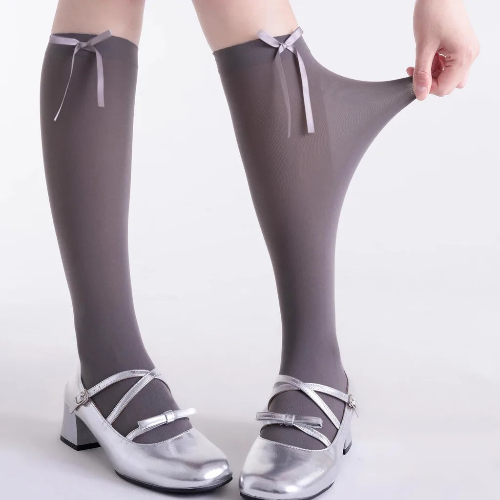 Nylon Polyester Ribbon Bow Thigh High Stockings