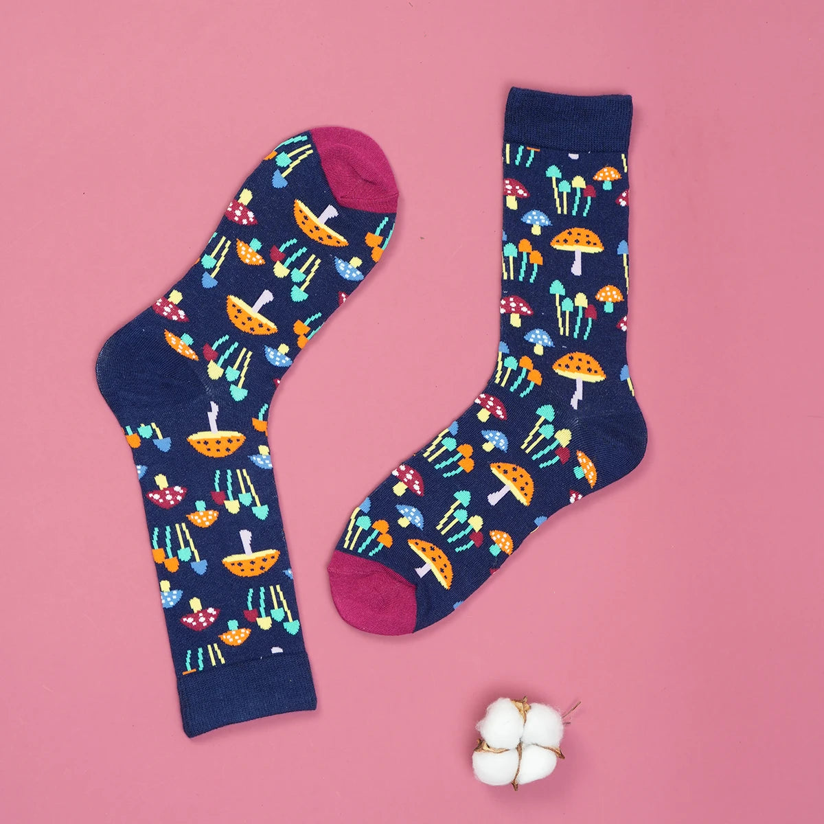 Colorful Mushroom Printed Cotton Blend Crew Socks