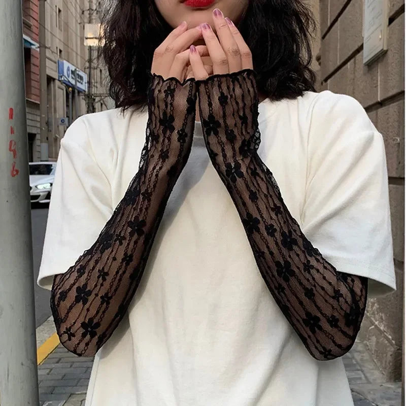 Lace Floral Fingerless Gloves Sun Protection Mesh Sleeves