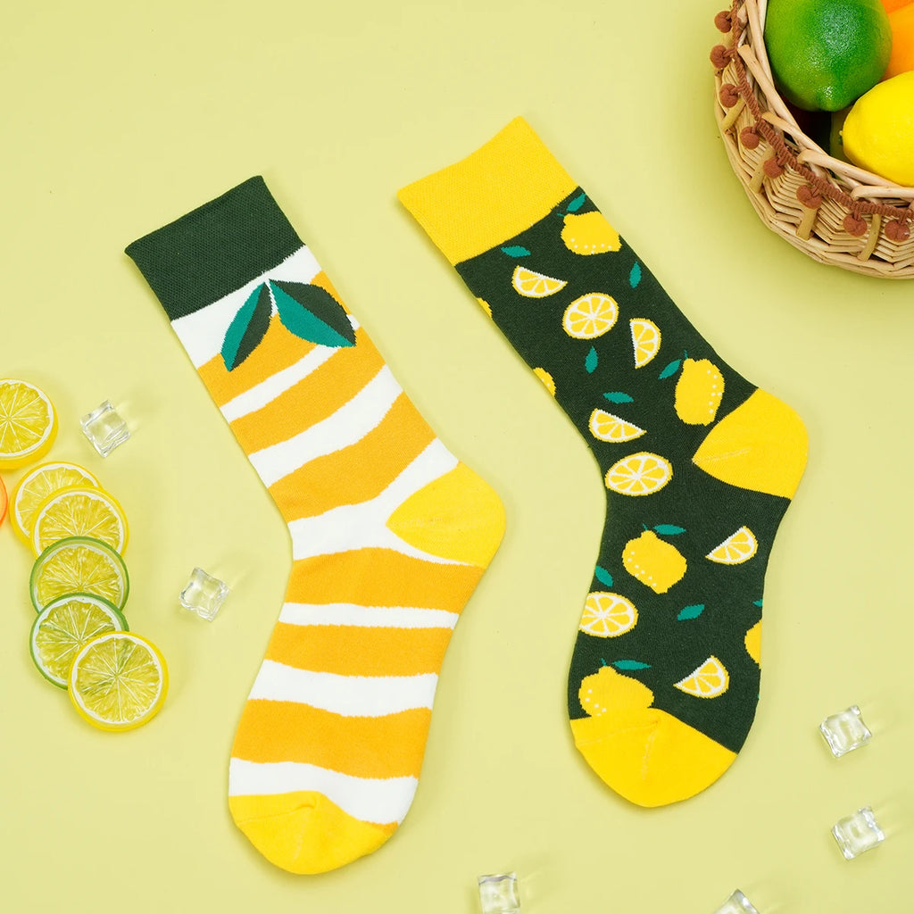 Cotton Blend Lemon Pattern Mid Tube Socks