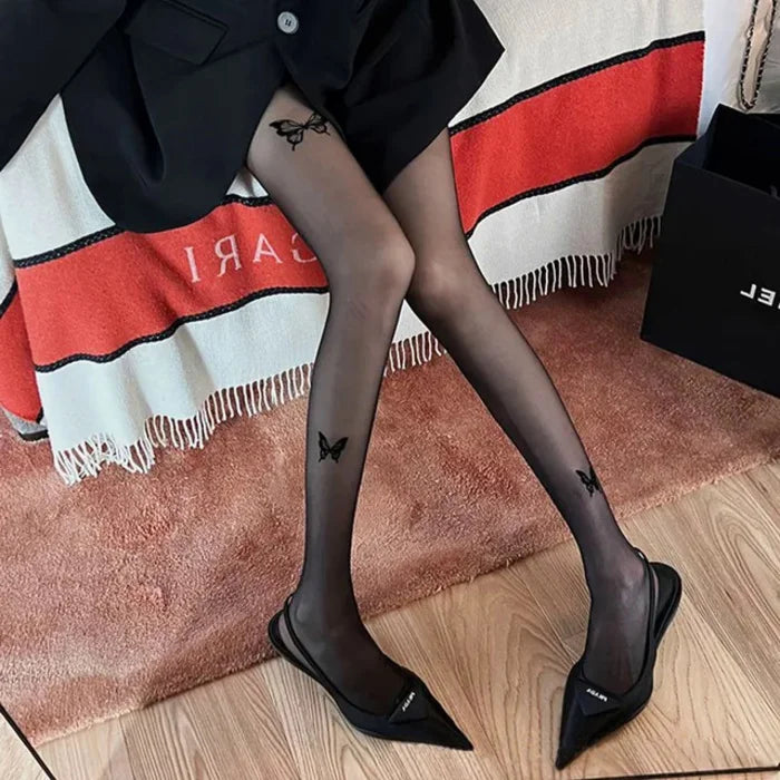 Nylon Butterfly Print Seamless Tights