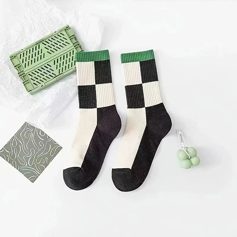 Polyester Elastane Checkerboard Print Casual Middle Tube Socks