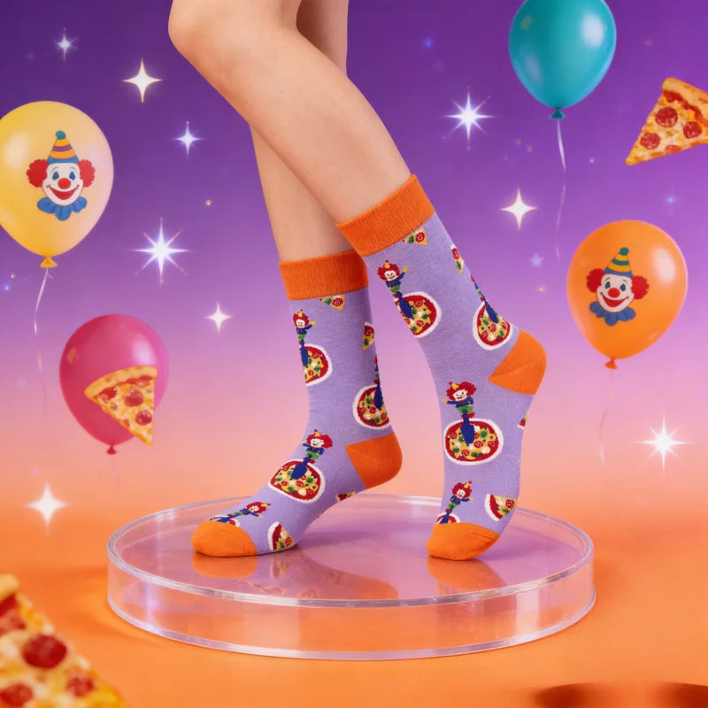 Cotton Blend Clown and Pizza Print Casual Mid Calf Socks - 1