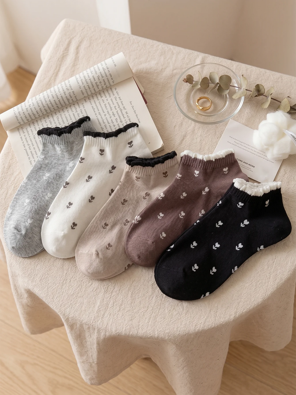 Floral Print Polyester Blend Women Ankle Socks 5 Pack