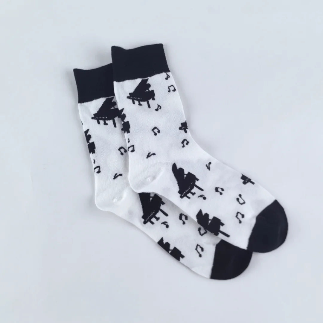 Cotton Blend Mid Calf Music Print Casual Socks