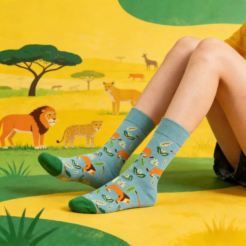 Cotton Blend Lion Print Mid Calf Casual Socks