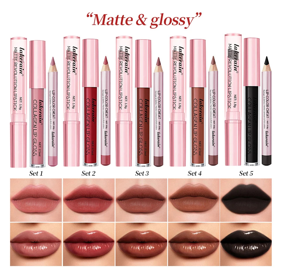 Mini Lip Liner Lipstick and Lip Gloss Makeup Set