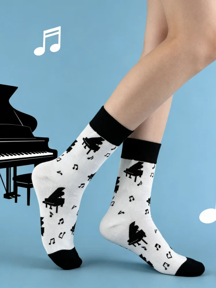Cotton Blend Music Print Crew Socks
