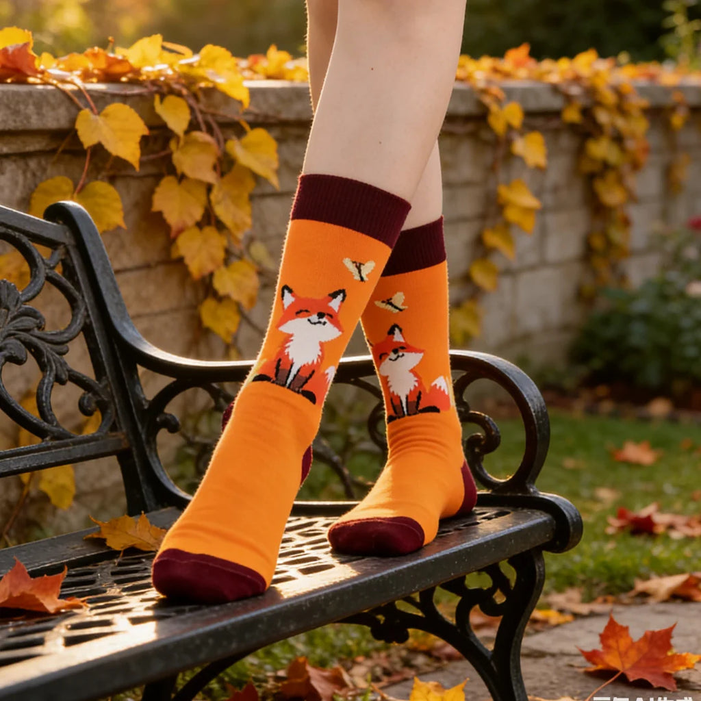 Cotton Blend Fox Pattern Middle Tube Socks