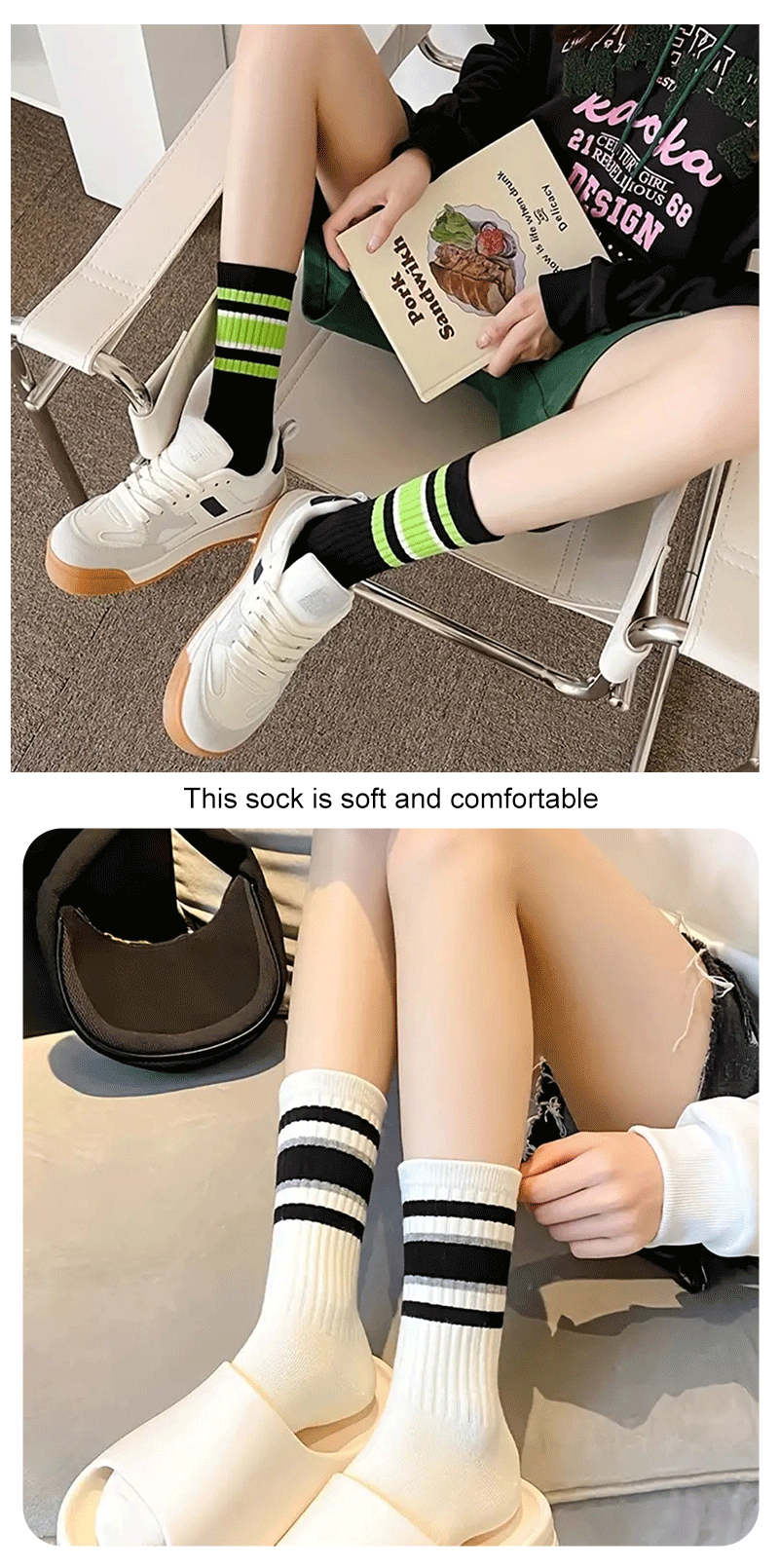 Striped Polyester Cotton Blend Casual Crew Socks