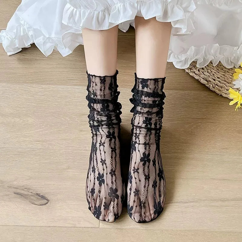 3 Pairs Floral Lace Women Casual Crew Socks