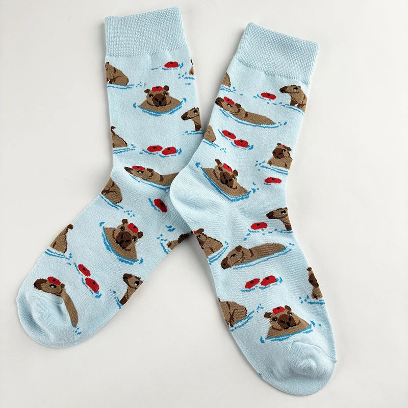 Cotton Blend Capybara Pattern Mid Calf Socks