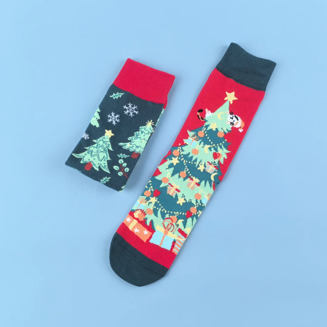 Cotton Blend Christmas Tree Print Mid Calf Socks - 3