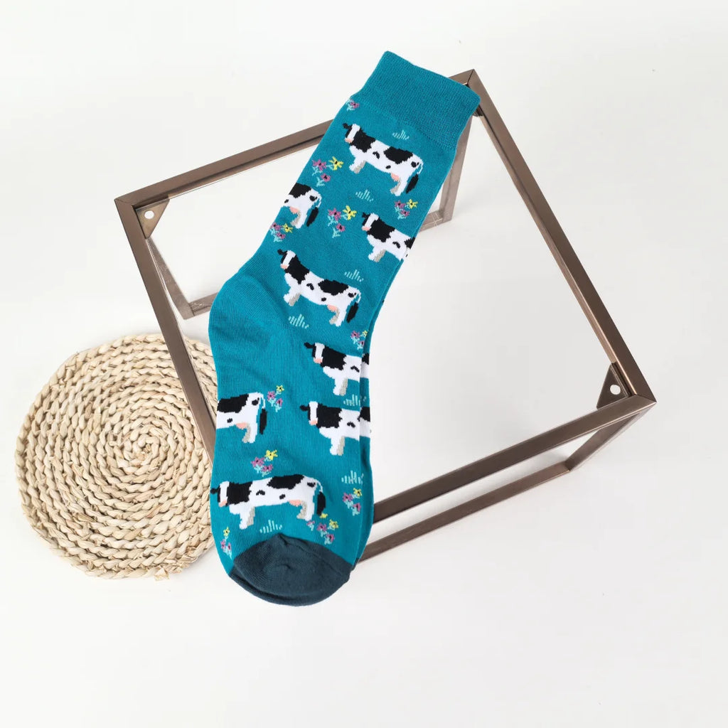 Cotton Blend Cow Pattern Unisex Crew Socks