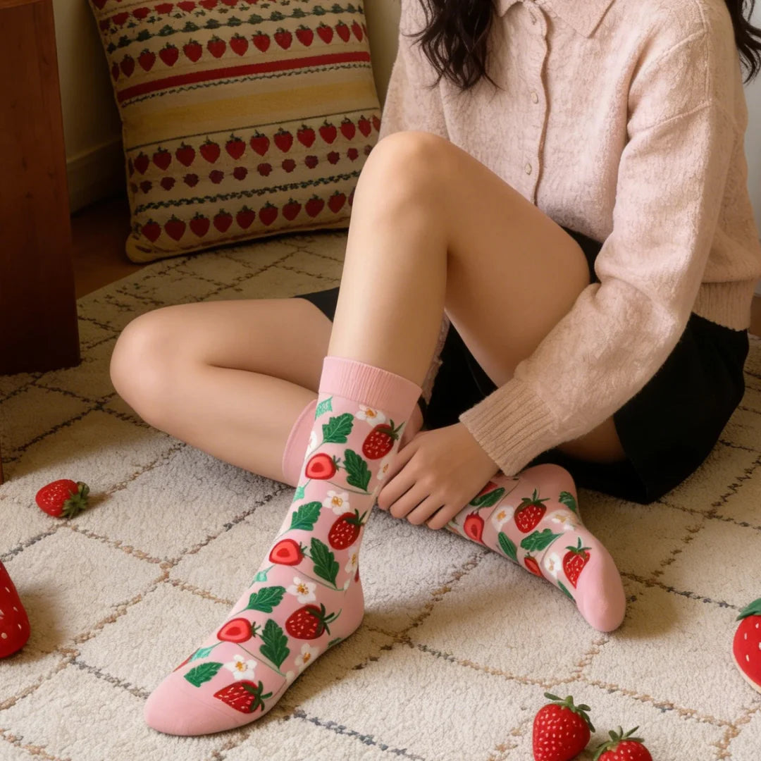 Cotton Blend Strawberry Print Mid Calf Casual Socks - 3