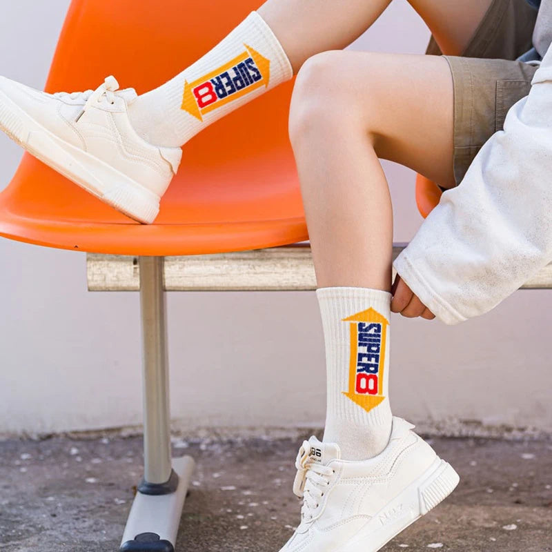 Cotton Blend Letter Printed Mid Tube Casual Crew Socks - 4