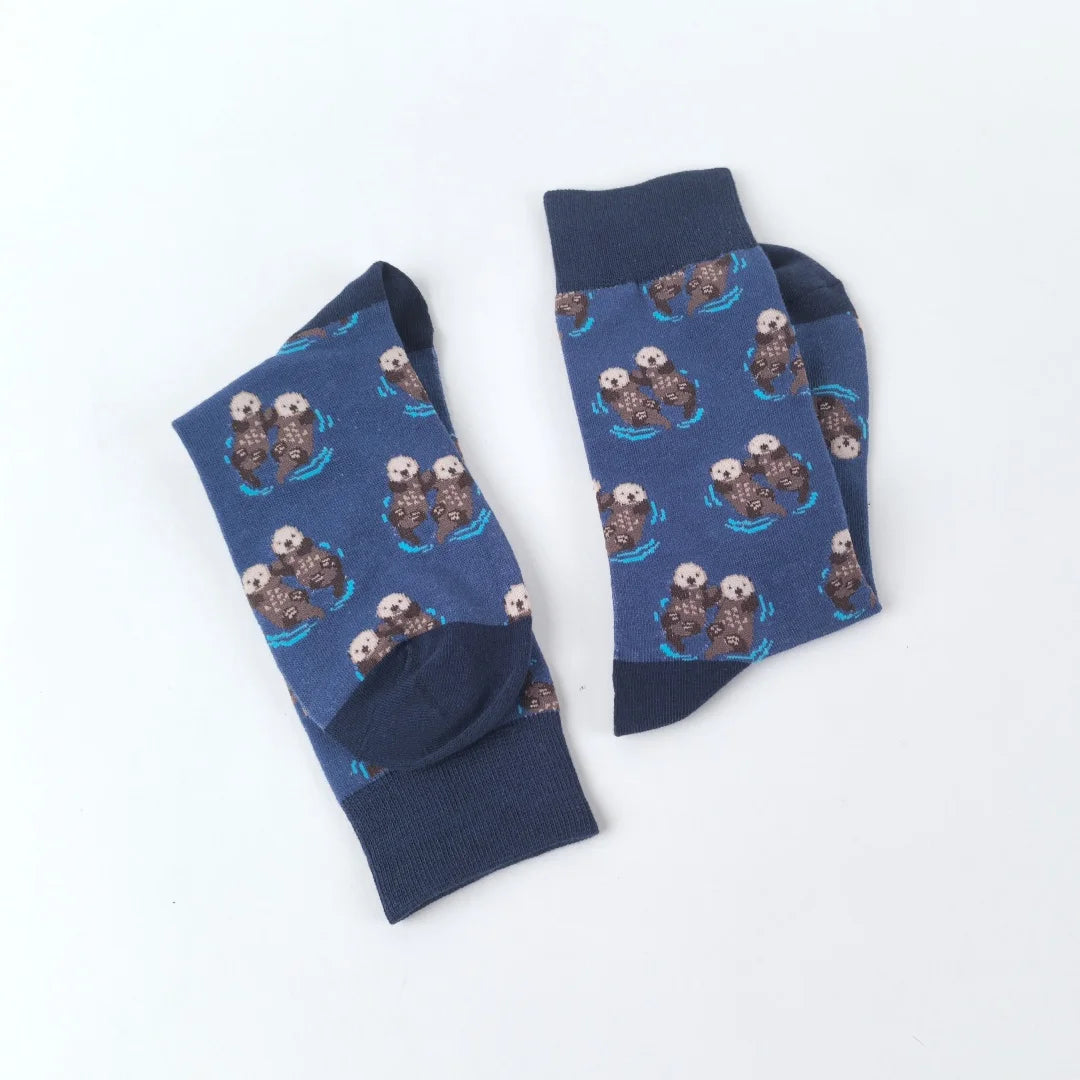 Cotton Blend Novelty Otter Print Crew Socks - 4