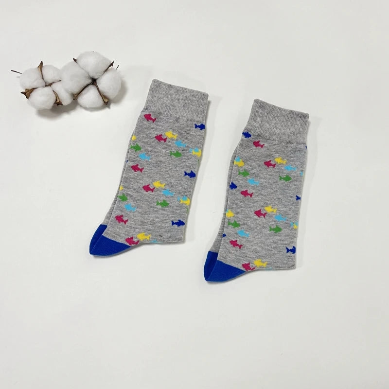 Cotton Blend Fish Pattern Crew Socks