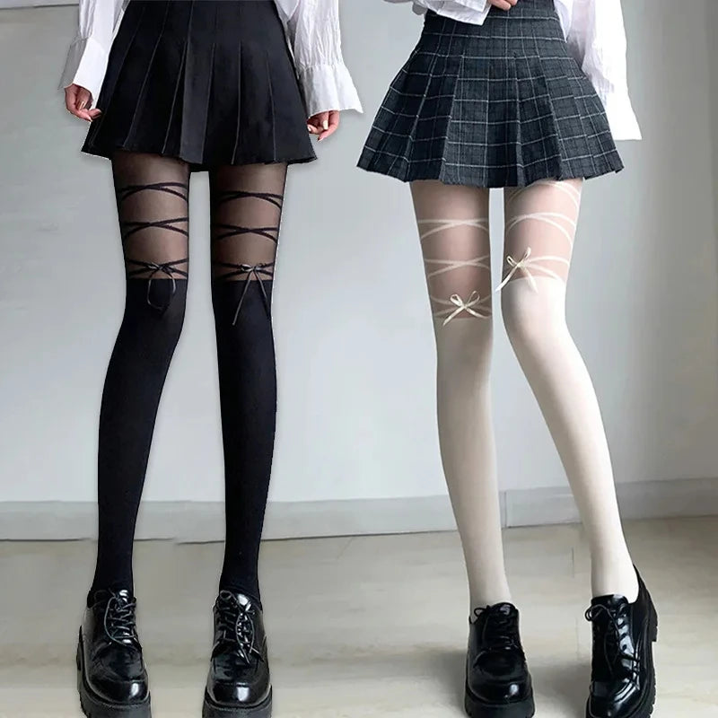 Nylon Polyester Bowknot Striped Tights