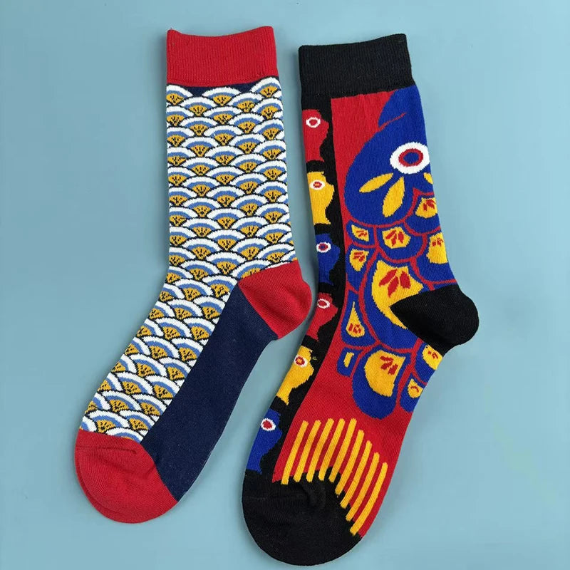 Koi Fish Print Cotton Blend Mid Calf Socks - 6