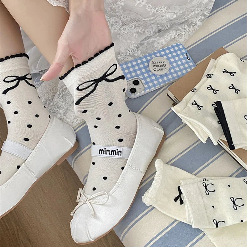 Polyester Elastane Bow Tie Casual Middle Tube Socks - 4