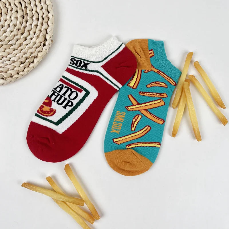 Cotton Blend French Fry and Ketchup Print Unisex Ankle Socks