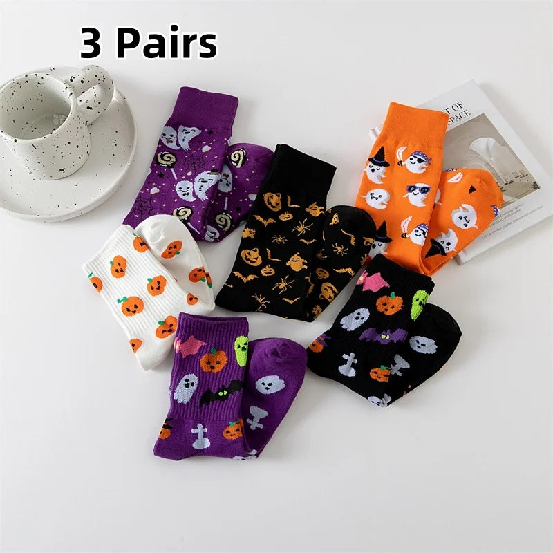 Cotton Blend Halloween Pattern Mid Calf Socks 3 Pair Set
