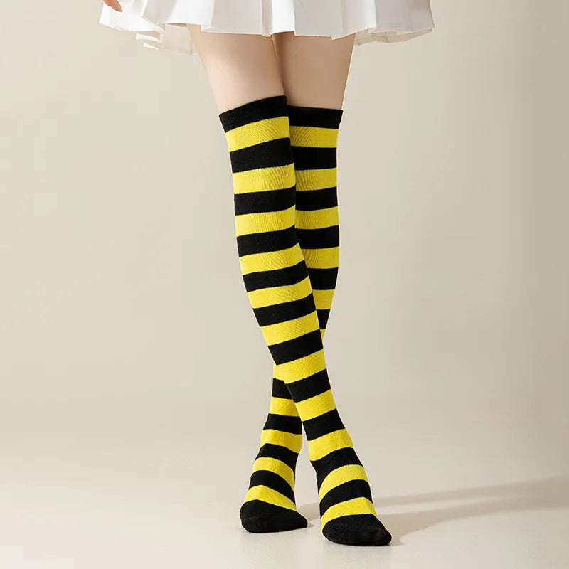 Striped Nylon Polyester Over Knee High Stockings
