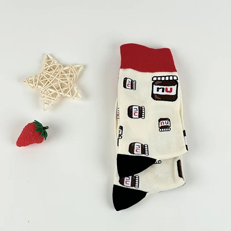 Cotton Blend Nutella Jar Pattern Mid Calf Socks
