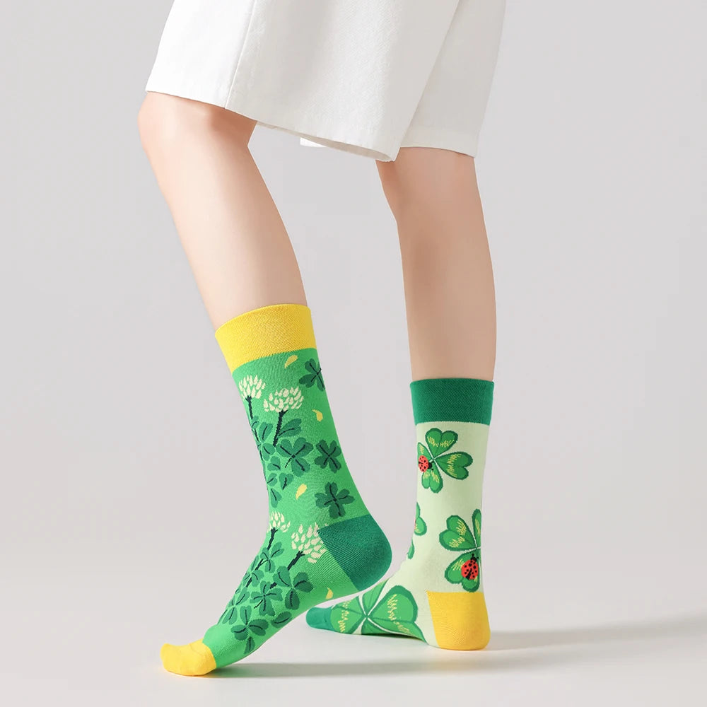 Cotton Blend Mid Calf Ladybug Clover Print Casual Socks - 3