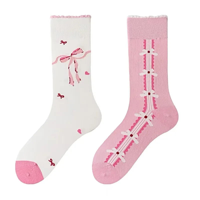 Cotton Blend Bow Heart Print Mid Tube Women Socks - 7