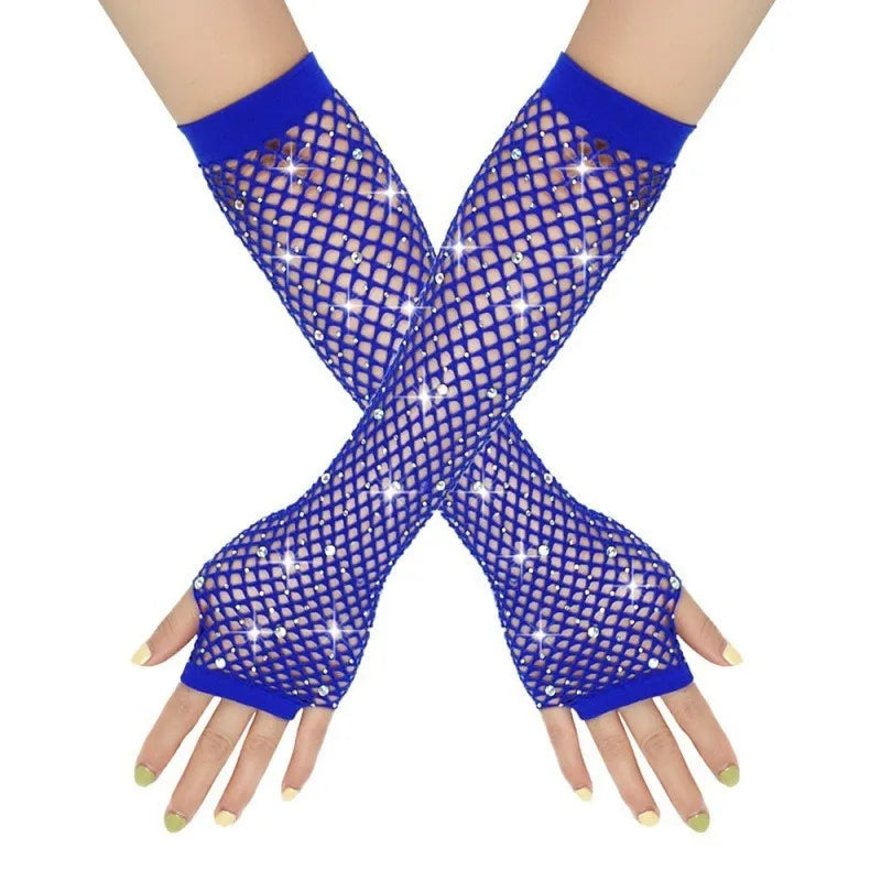 Nylon Elastane Rhinestone Fishnet Fingerless Gloves