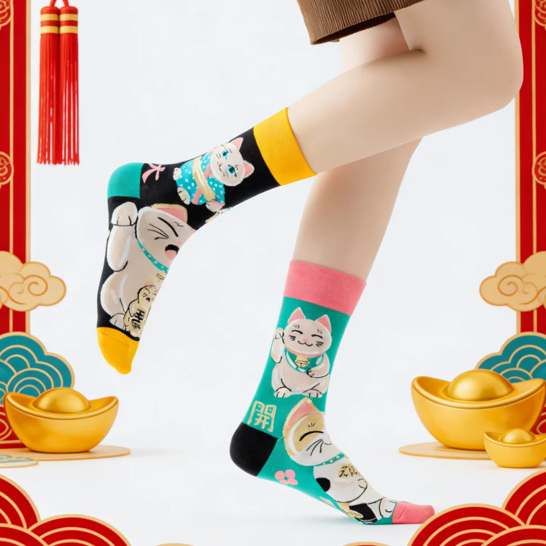 Lucky Cat Cotton Blend Casual Crew Socks - 2