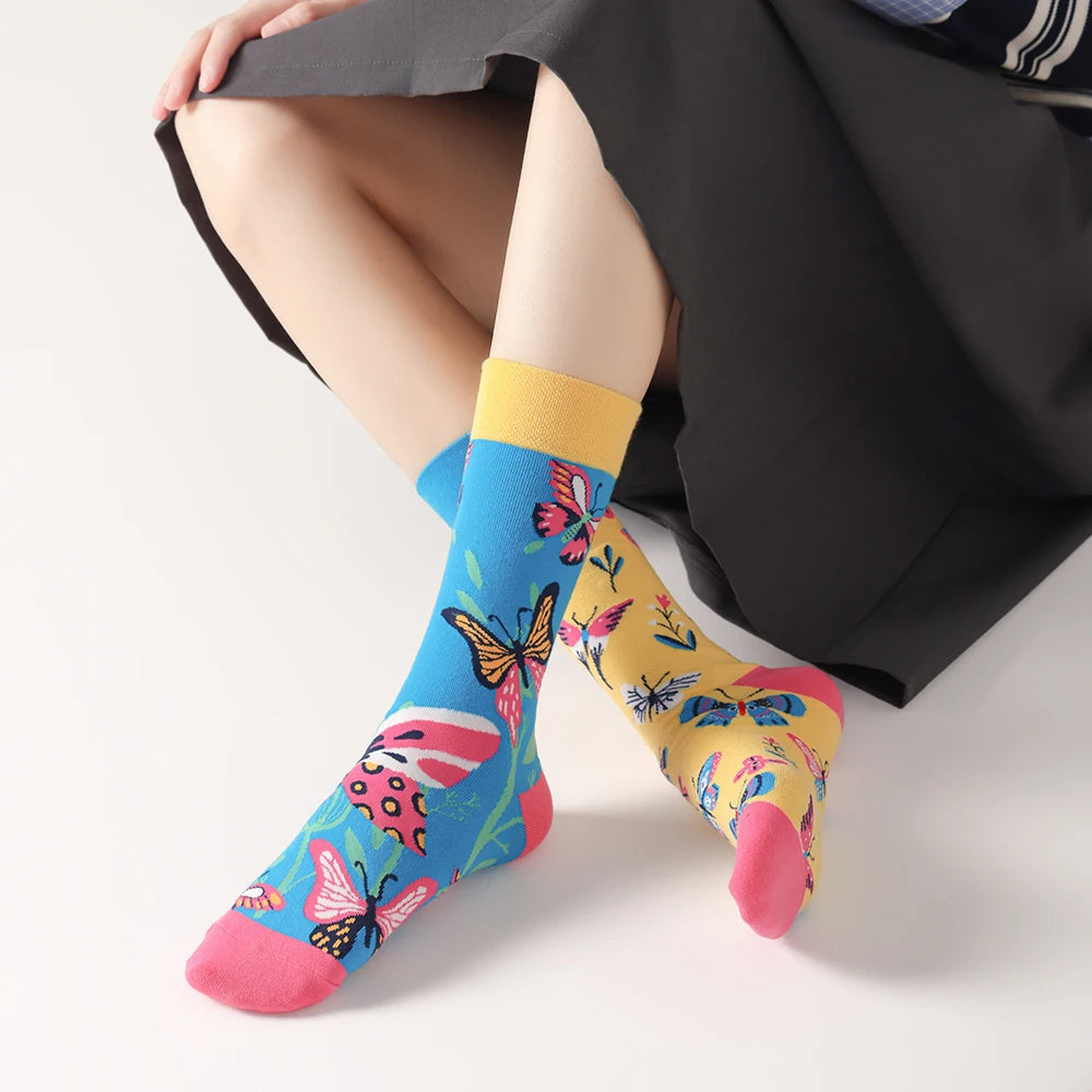 Cotton Blend Butterfly Floral Pattern Mid Calf Socks