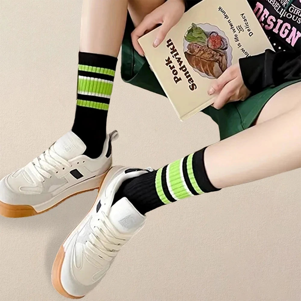 5 Pairs Polyester Spandex Striped Crew Socks