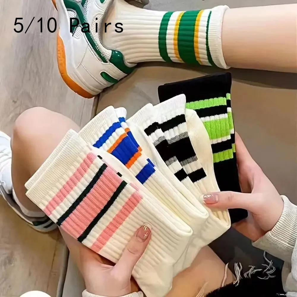 Striped Polyester Cotton Blend Casual Crew Socks