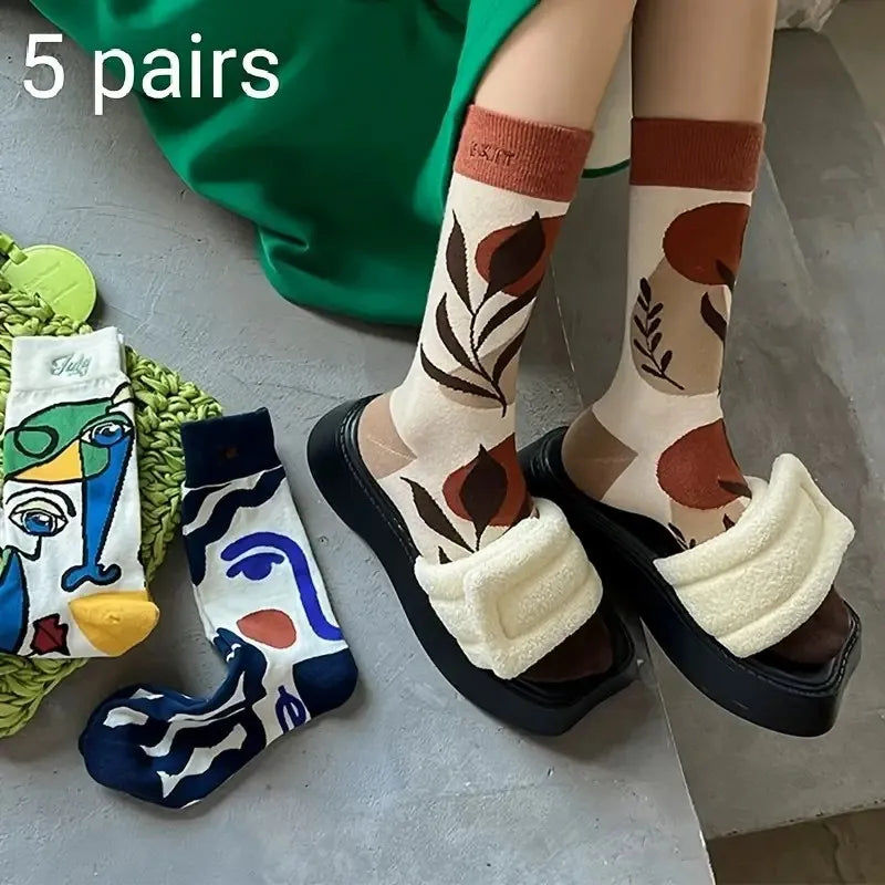 5 Pairs Polyester Spandex Crew Socks Cartoon Art Print