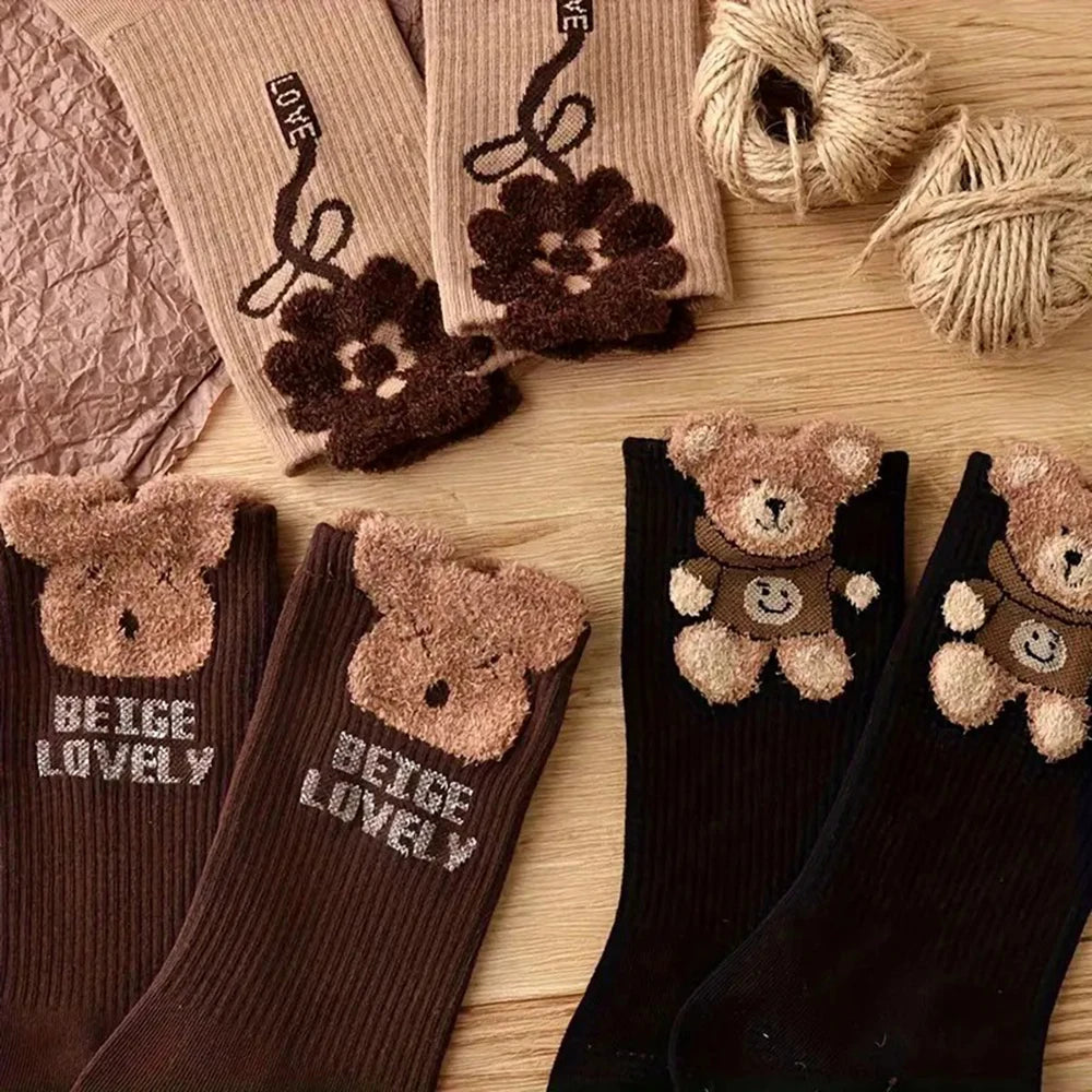 Polyester Elastane Cartoon Bear Pattern Mid Tube Socks 3 Pairs